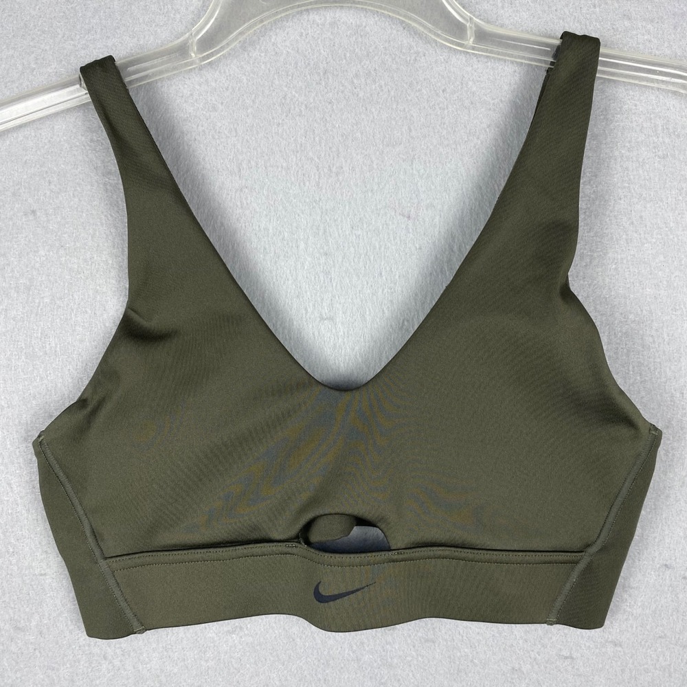 Nike Dri-FIT Indy Sports Bra Olive Green V-Neck Adjustable Straps Small 0583